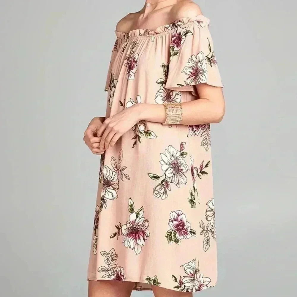🆕Love Kuza Blush Floral Off-Shoulder Dress S🆕